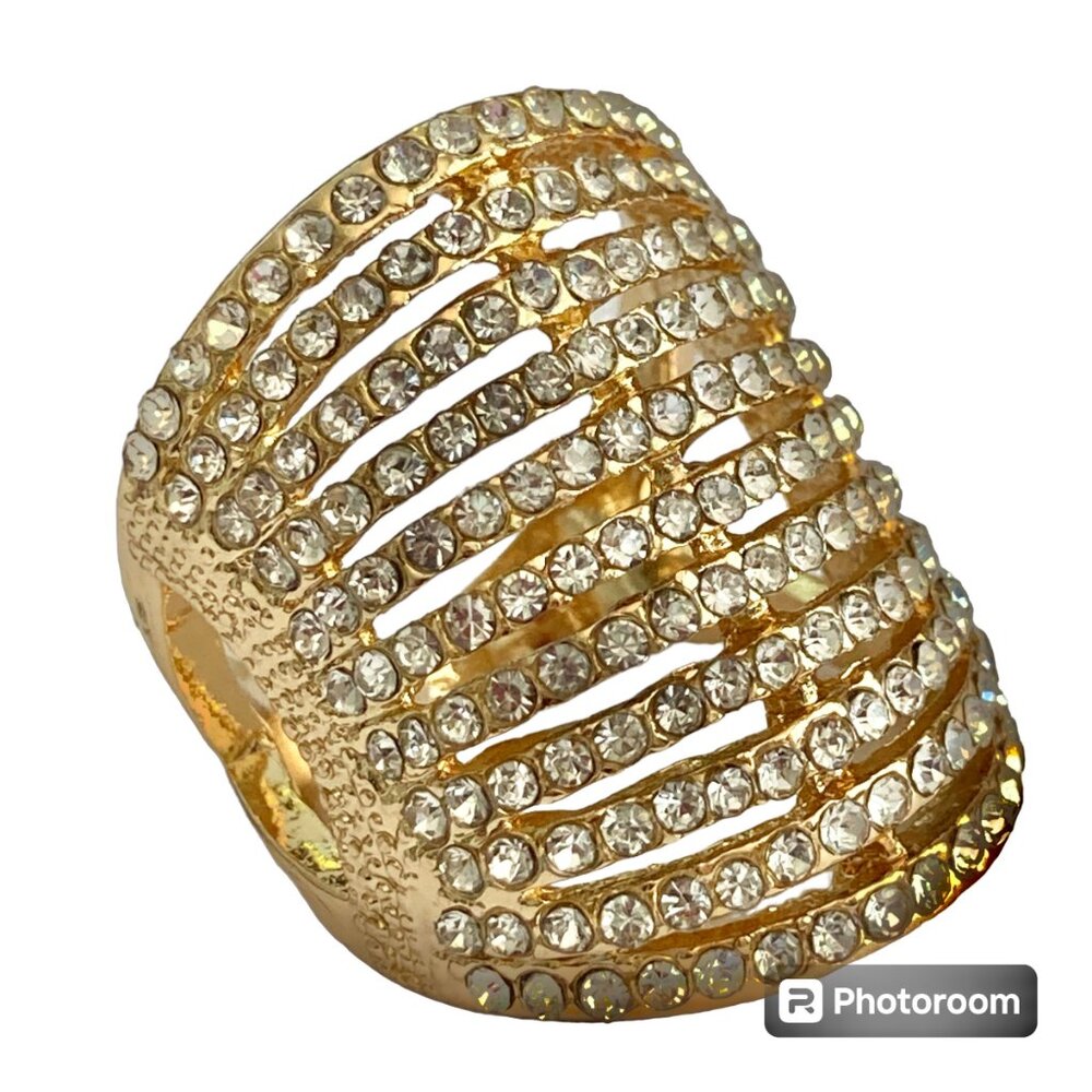 Deco Dome Cubic Zirconia Cocktail Ring Yellow Gold Plated Size 7 8 9 Statement